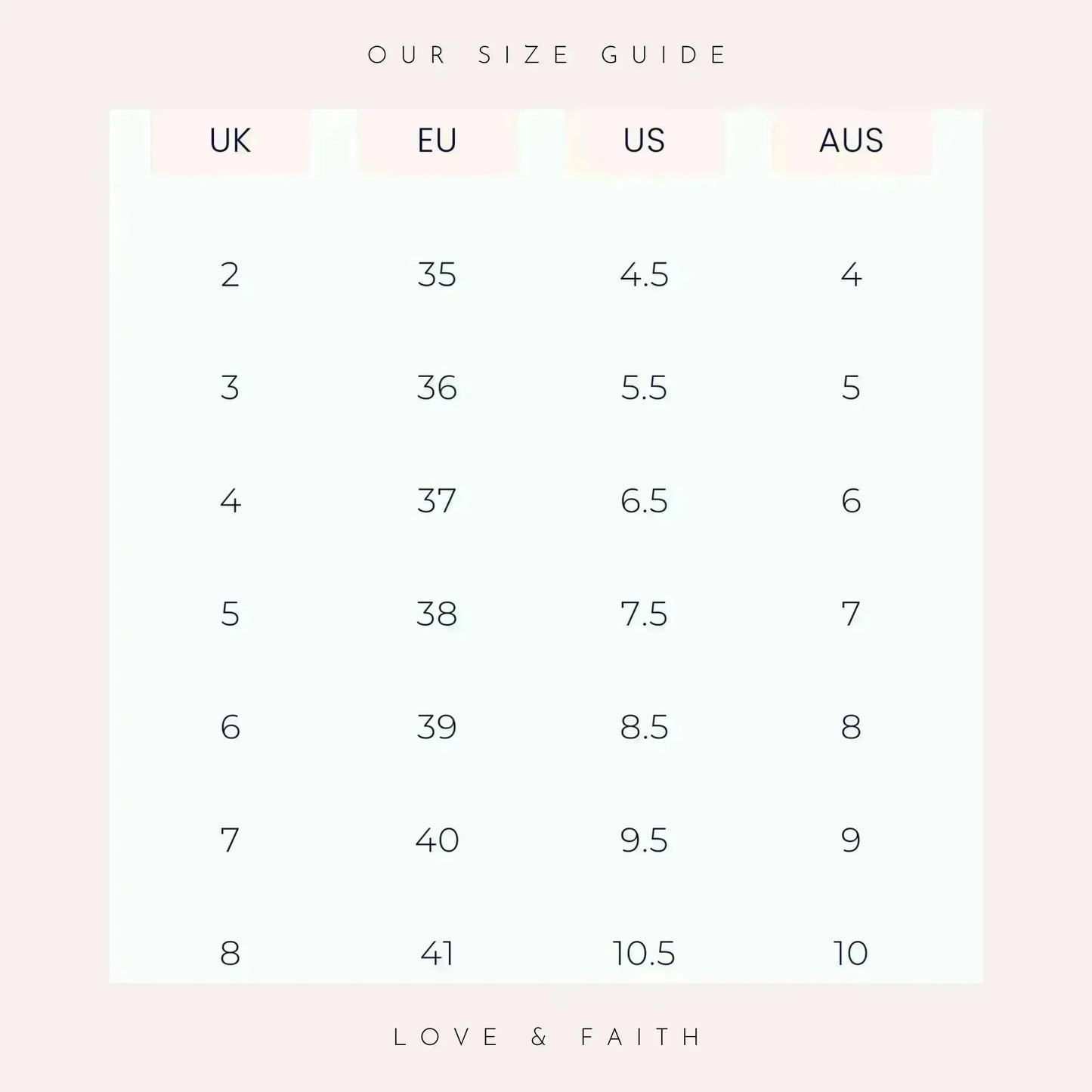 Size guide chart comparing UK, EU, US, and AUS measurements with 'Love & Faith' branding.