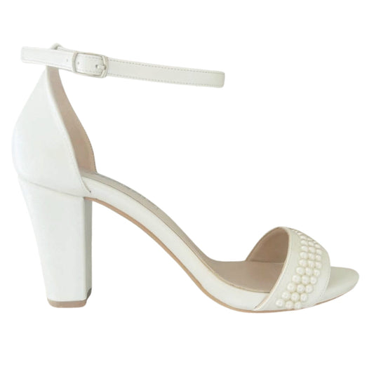 Evangeline Ivory Pearl Open Toe Block Heel Bridal Shoes - Love & Faith