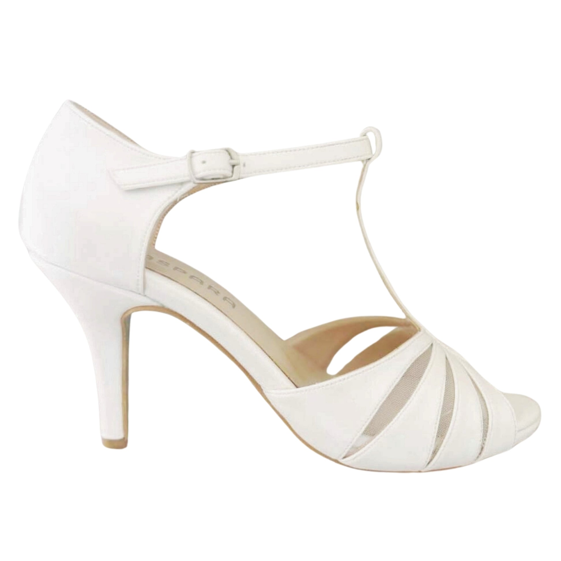 An ivory high heel shoe featuring straps and a decorative buckle.