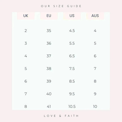 Size guide chart comparing UK, EU, US, and AUS measurements with 'Love & Faith' branding.