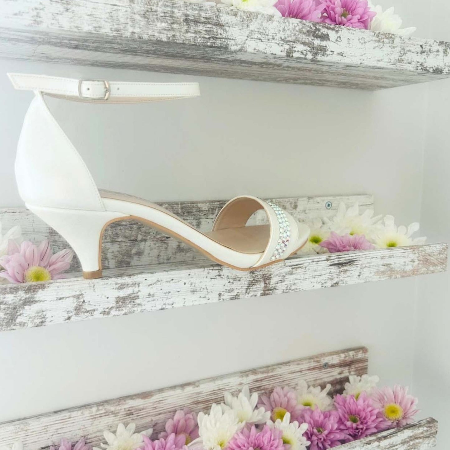 Nancy Ivory Kitten Heel Open Toe Crystal Bridal Shoes Love & Faith