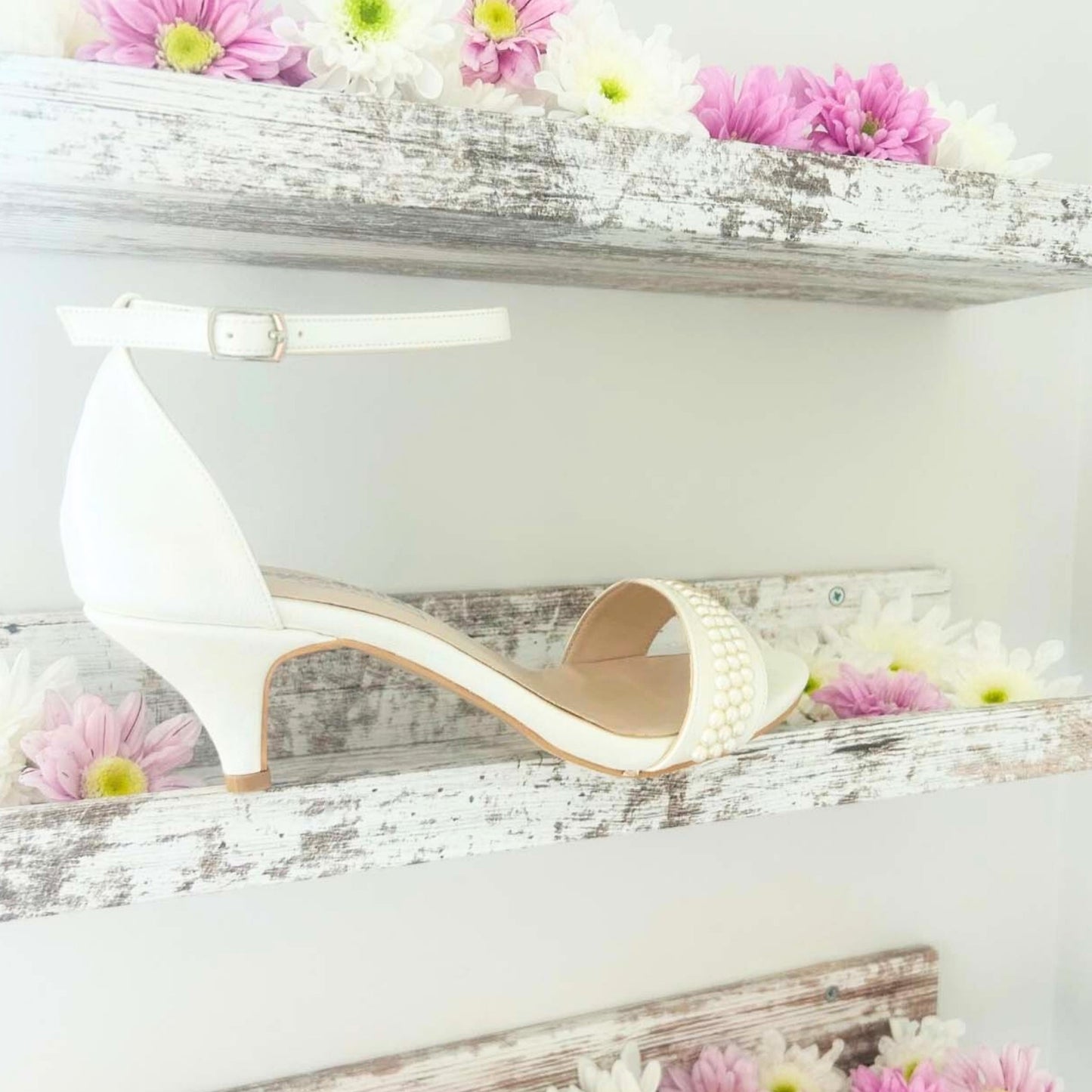 Nellie Ivory Pearl Ankle Strap Kitten Heel Bridal Shoes Love & Faith