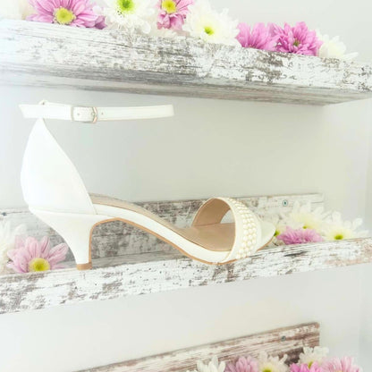 Nellie Ivory Pearl Ankle Strap Kitten Heel Bridal Shoes Love & Faith