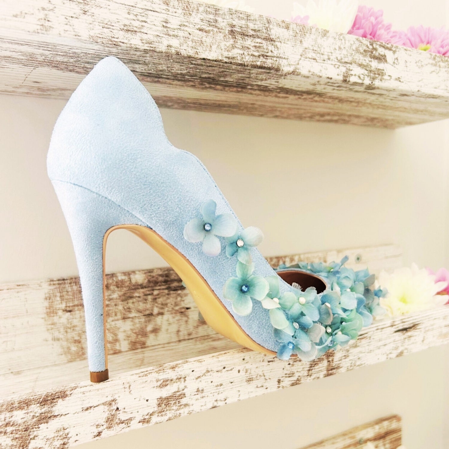 Willow Blue Floral Suede Pointed Toe Wedding Shoes - Love & Faith